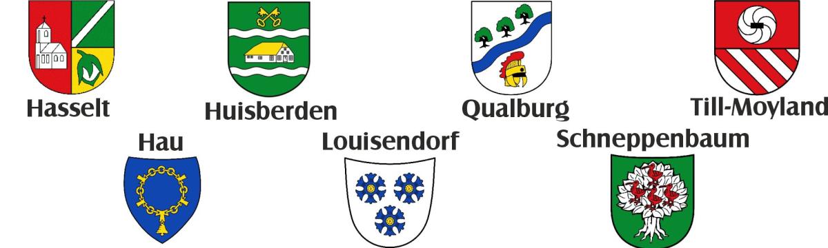 Foto von allen Wappen der Ortschaften Bedburg-Haus