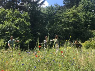 Menschen auf einer Blumenwiese